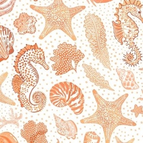 Medium - Under the sea - Orange and white - Beach life - Seahorses seahorse Sea Horse starfish shells seashells Seaweed lobster crab - Nautical Preppy