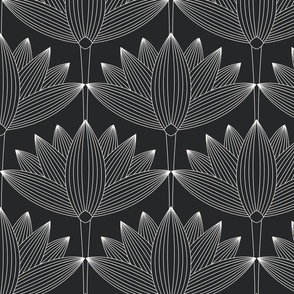 Lotus Art Deco, Black and White, Botanical Wallpaper