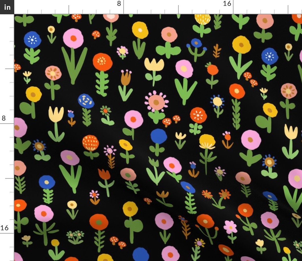 Medium - Happy floral - black - cheerful multicolored vibrant flowers - modern maximalist - cute kids flower fabric - painterly spring wildflowers meadow flower