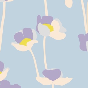 Large - Poppies - lavender purple yellow and off white on Soft dusty blue- simple floral - happy bold and bright - spring summer - upholstery wallpaper