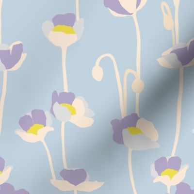 Small -  Poppies - lavender purple yellow and off white on Soft dusty blue- simple floral - happy bold and bright - spring summer - upholstery wallpaper