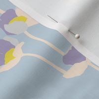 Small -  Poppies - lavender purple yellow and off white on Soft dusty blue- simple floral - happy bold and bright - spring summer - upholstery wallpaper