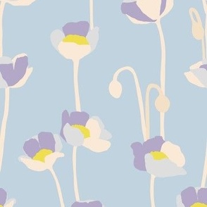 Small -  Poppies - lavender purple yellow and off white on Soft dusty blue- simple floral - happy bold and bright - spring summer - upholstery wallpaper