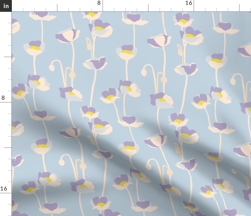 Small -  Poppies - lavender purple yellow and off white on Soft dusty blue- simple floral - happy bold and bright - spring summer - upholstery wallpaper