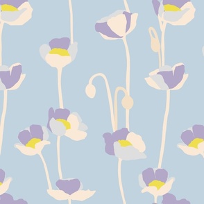 Medium - Poppies - lavender purple yellow and off white on Soft dusty blue- simple floral - happy bold and bright - spring summer - upholstery wallpaper