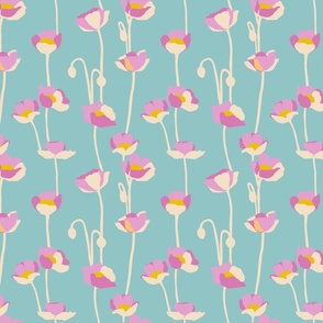 Small - Poppies - pink purple yellow and off white on light teal blue - simple floral - happy bold and bright - spring summer - upholstery wallpaper