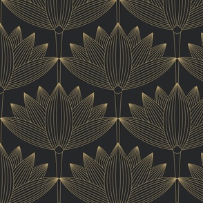 Lotus Art Deco, Black and Gold, Botanical  Wallpaper