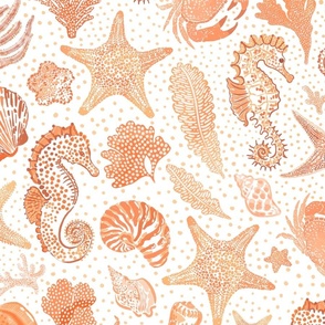 Large - Under the sea - Orange and white - Beach life - Seahorses seahorse Sea Horse starfish shells seashells Seaweed lobster crab - Nautical Preppy
