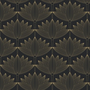 Lotus Art Deco, Black and Gold, Botanical Wallpaper