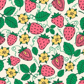 Strawberry flowers - pink, green, yellow, off-white