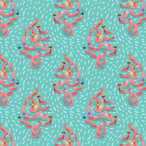 Happy Earthworm Ogees //  Soft Pink Worms and White Dashes on Turquoise