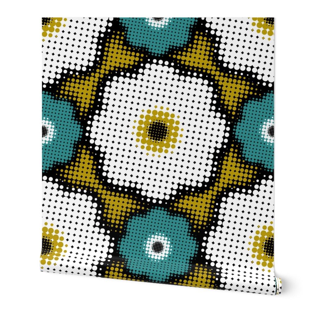 Large scale • Colorful halftone flowers - turquoise and mustard