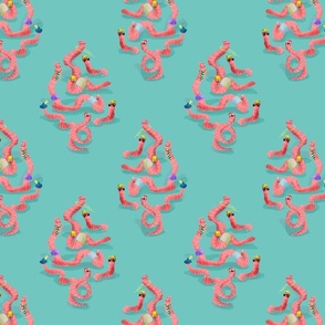 Happy Earthworm Ogees //  Soft Pink Worms on Turquoise