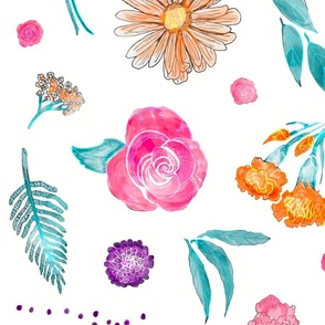 Floral Medley in Bloom, White Background, Large Scale