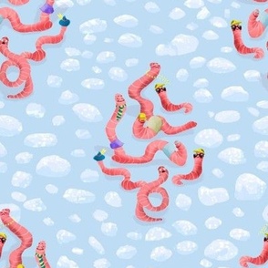 Happy Earthworm Ogees //  Soft Pink Worms and White Textured Pebbles on Sky Blue