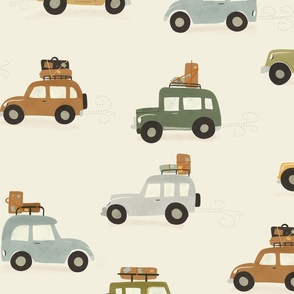Summer Vacation -  Large  colorful vintage Cars in beige - bohemian kids wallpaper - baby boy room decor