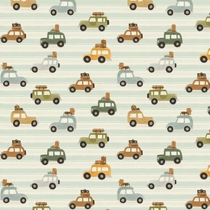 Summer Vacation - Medium colorful vintage Cars in beige over mint horizontal stripes  - bohemian kids apparel- baby boy room decor
