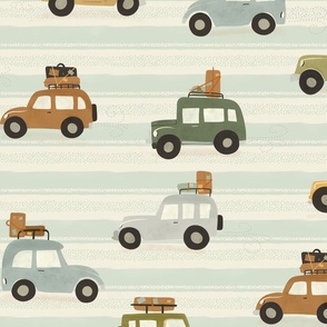 Summer Vacation -  Large  colorful vintage Cars over mint horizontal stripes in beige  - bohemian kids wallpaper - baby boy room decor