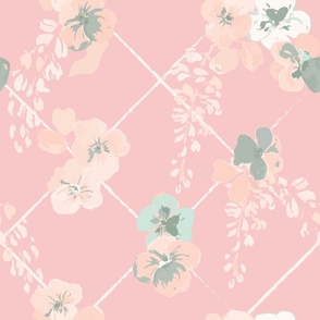Botanical flower trellis in pink and green