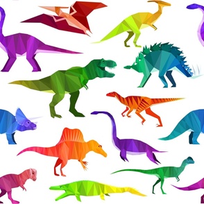 Prehistoric Parade Rainbow Geometric Dinosaur Pattern in White