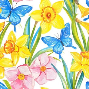 A field of yellow daffodils and blue butterflies watercolor 