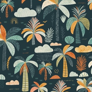 Summer Vacation - Large colorful palm trees and clouds over dark navy  - nursery wallpaper - hand drawn kids tropical decor