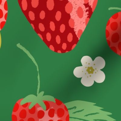 Summer Strawberries Forest Green Large - hand-drawn, botanical, flowers, fruit, bright colors, cute, fun, bedding, wallpaper, clothing, kitchen decor, kids, children, feature wall, statement wall, home decor, garden designs