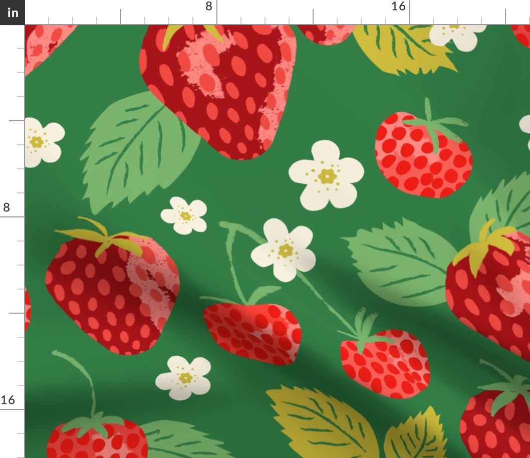 Summer Strawberries Forest Green Large - hand-drawn, botanical, flowers, fruit, bright colors, cute, fun, bedding, wallpaper, clothing, kitchen decor, kids, children, feature wall, statement wall, home decor, garden designs