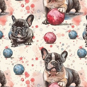 Cute Watercolor French Bulldogs Playing Fetch, Beige Background