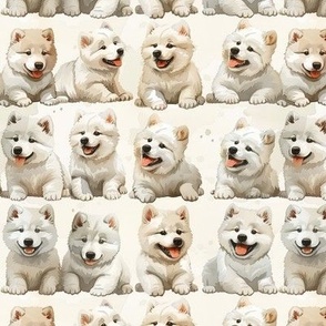Cute Watercolor Samoyed Puppies, Rows