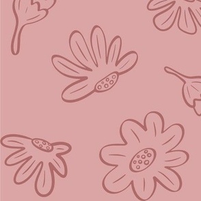 Linocut Daisy Flowers in Puce Pink