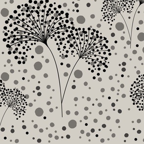 Dandelion Dots Gray Black on Cotton Grey Beige, Large