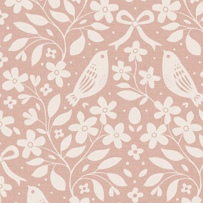 Birds, Blossom & Bows (Large), pink and warm white {linen texture}