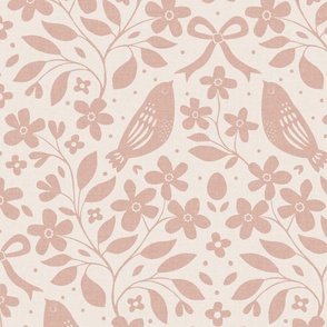 Birds, Blossom & Bows (Large), warm white and pink {linen texture}
