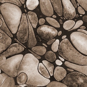 Tranquil River Rocks: Handpainted Watercolor Neurographic Art | Sepia Monochrome | Large Scale