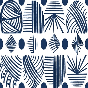  Caribbean Tribal Mudcloth Geometric, Navy Blue, White, Large