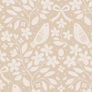 Birds, Blossom & Bows (Large), sand and warm white {linen texture}