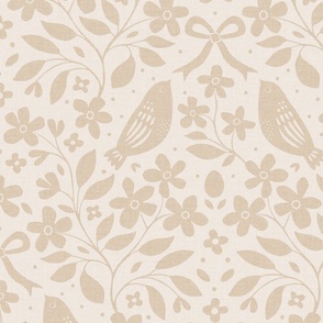 Birds, Blossom & Bows (Large), warm white and sand {linen texture}