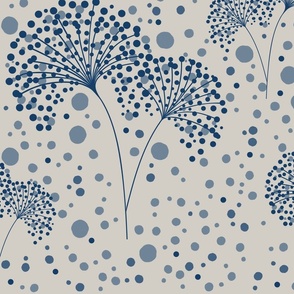 Dandelion Dots Moonlkight Deep Blue on Cotton Grey Beige, Large
