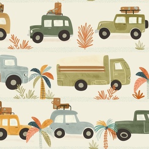 Summer Vacation - traffic jam - hand drawn vintage cars and trucks large - boho baby boy decor -  bohemian baby boy room wallpaper 