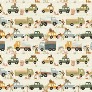 Summer Vacation - traffic jam - hand drawn vintage cars and trucks medium - boho baby boy decor -  bohemian nursery - kids apparel