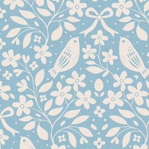 Birds, Blossom & Bows (Large), blue and warm white {linen texture}