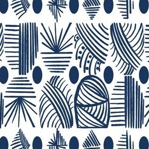 Caribbean Tribal Mudcloth Geometric, Navy Blue, White, Small 