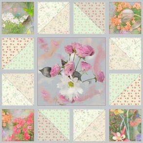 8x8-Inch Repeat of Faux Quilt with Pink Roses and White Daisies