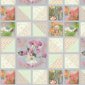 6x6-Inch Repeat of Faux Quilt with Pink Roses and White Daisies