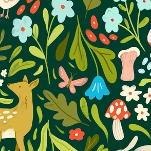 Watercolour Woodland Animals With Fox, Rabbit, Fawn, Hedgehogs, and Florals on Forest Green - Jumbo