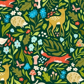 Watercolour Woodland Animals With Fox, Rabbit, Fawn, Hedgehogs, and Florals on Forest Green - Large