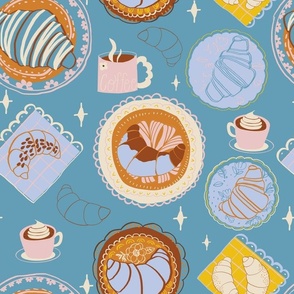 L|Coffee with cream and Croissants Treats on Decorated Plates and Napkins-not textured on aqua blue