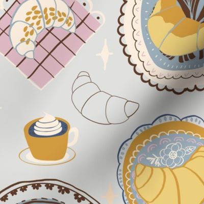 L|Coffee with cream and Croissants Treats on Decorated Plates and Napkins-not textured on grey