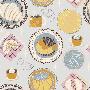 L|Coffee with cream and Croissants Treats on Decorated Plates and Napkins-not textured on grey